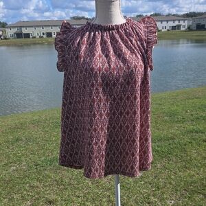 Ces Femme Maroon/Rust Western Patterned Blouse with Ruffled Sleeves